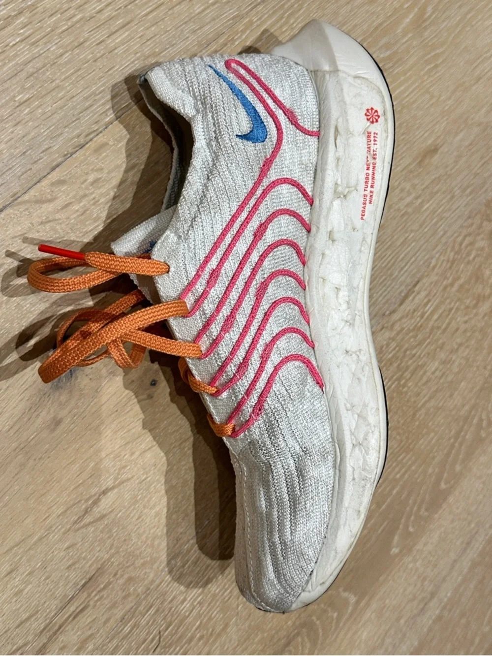 Women’s Nike White Knit Running Shoes - Blue Swoosh, Pink Stripes & Orange Laces - Picture 8 of 16